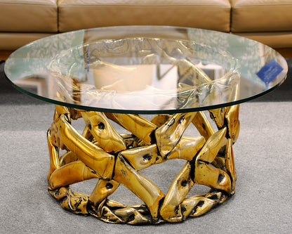 Round Glass Top Cocktail Table With Brutalist Gold Base