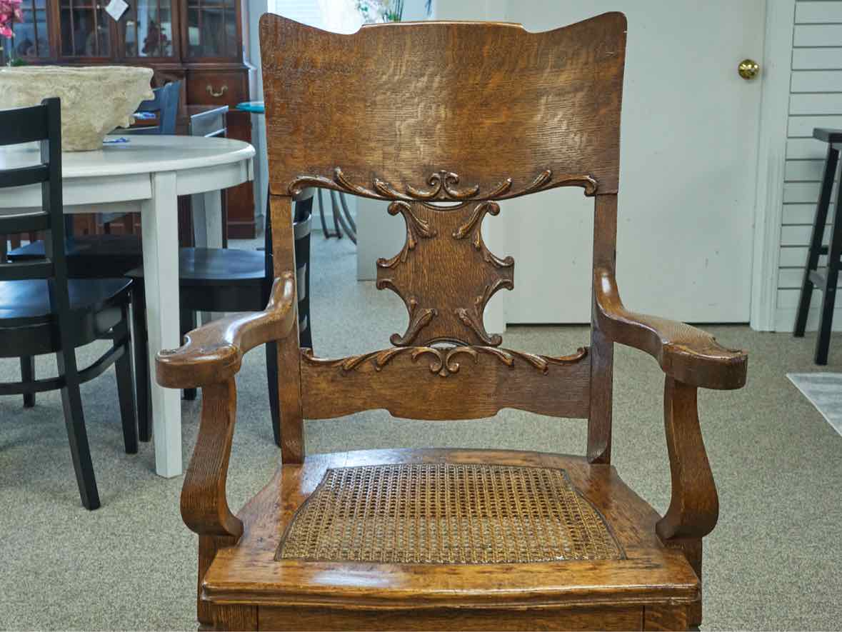 Pair of Pressback Oak Dining Arm Chairs with Cane Seats