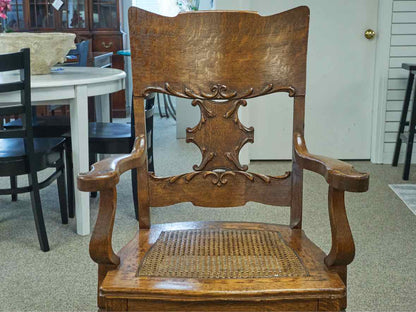 Pair of Pressback Oak Dining Arm Chairs with Cane Seats