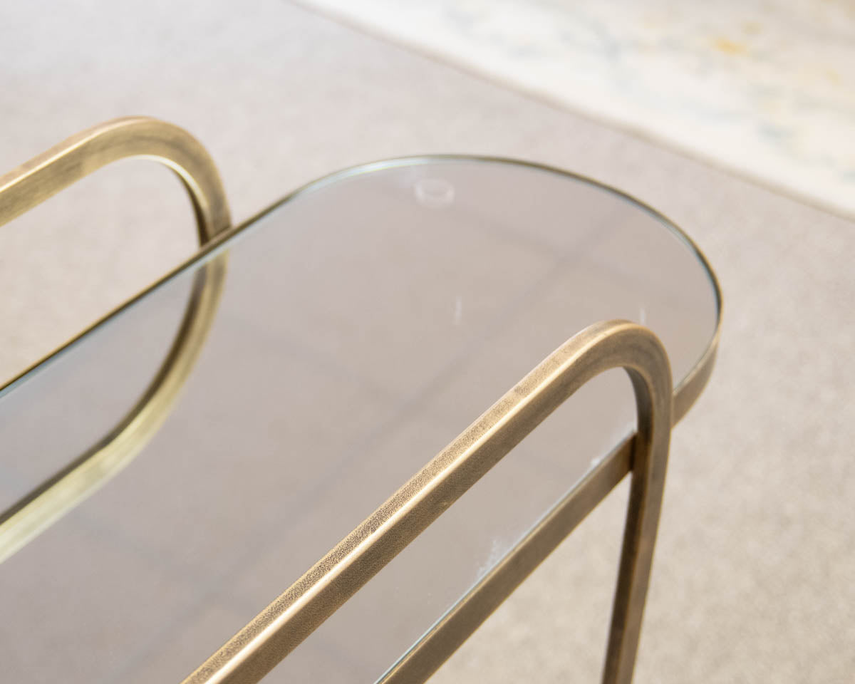 Wheeled Bar Cart in Brass Finish with Mirrored Top and Lower Shelf