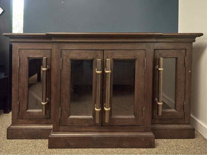 RH Brass Pull Bar Media Console w/Glass Doors & Dark Wood Finish