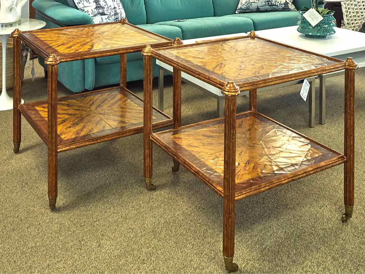Pair of Gilded Square Side Tables on Casters with Decorative Top and Shelf