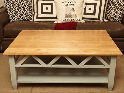 Ethan Allen Solid Maple Top Cocktail Table with Sky Blue Finish Base