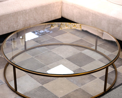 Round Glass Cocktail Table w/ Brass Metal Frame
