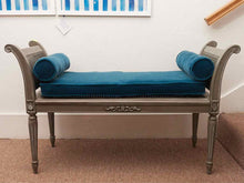 Gray Finish Cain Bench with Silver Accents & Peacock Blue Velvet Cushion