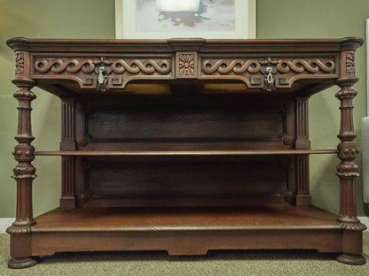 Carved Walnut Open Server with Drawers, Pewter Pulls and Two Shelves