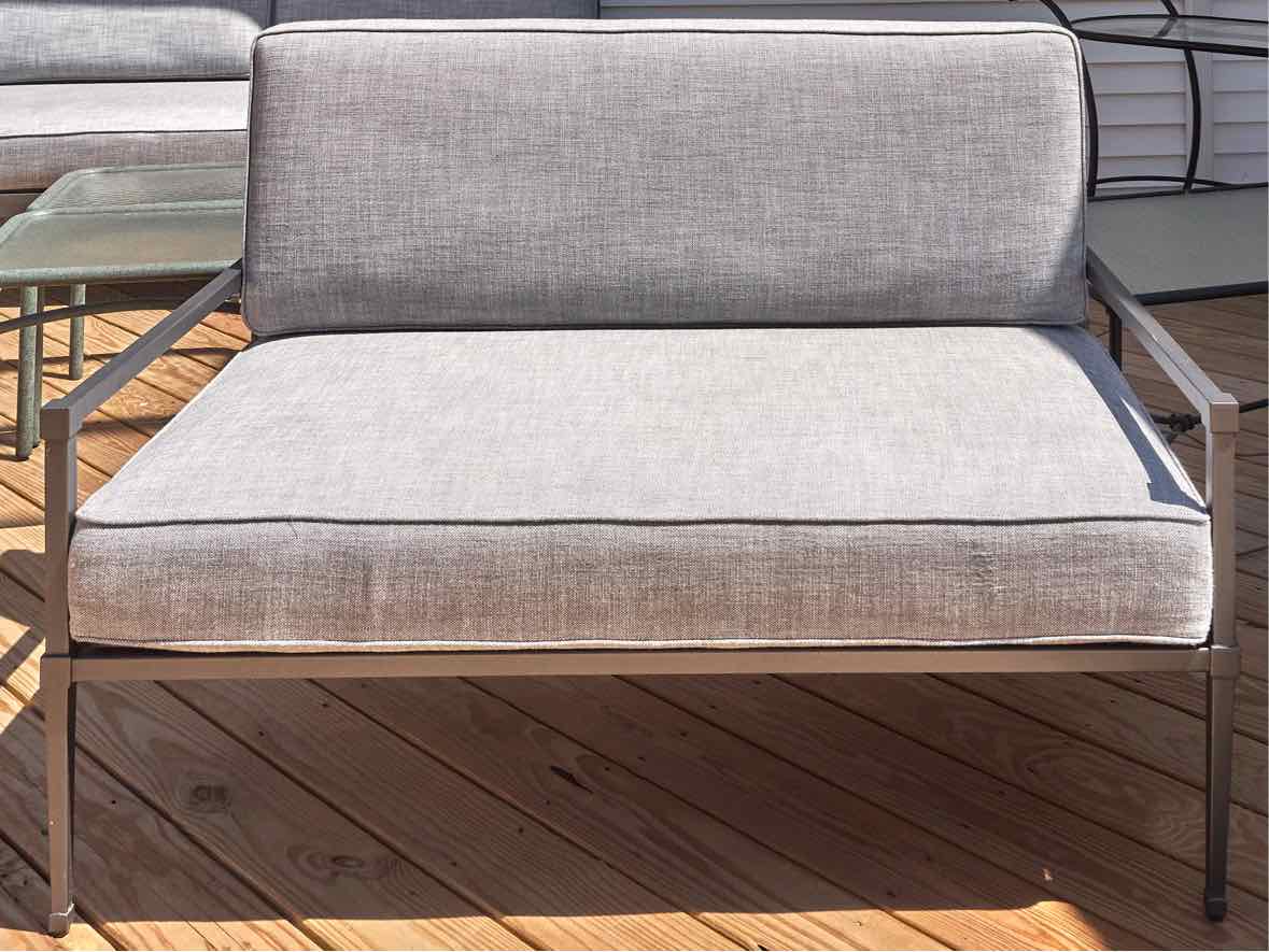 RH Gun Metal Gray Outdoor Lovesofa with Dove Grey Upholstered Cushions