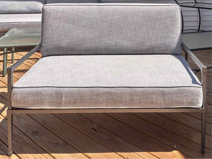 RH Gun Metal Gray Outdoor Lovesofa with Dove Grey Upholstered Cushions
