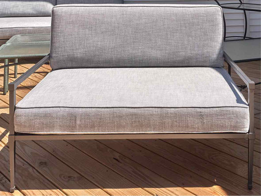 RH Gun Metal Gray Outdoor Lovesofa with Dove Grey Upholstered Cushions