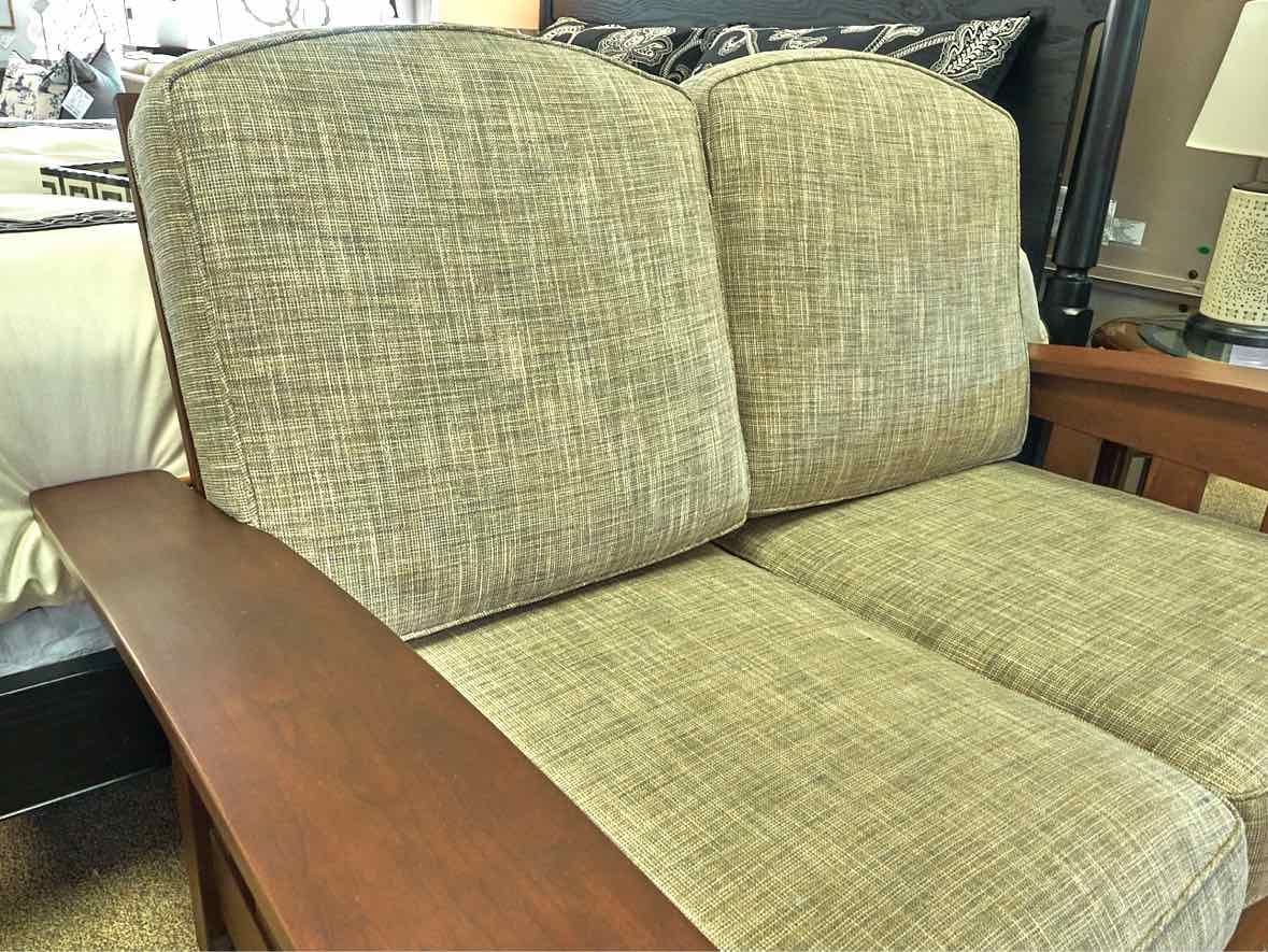 Pompanoosuc Mills Loveseat w/Dark Walnut Frame in Grey Toned  Upholstered Fabric