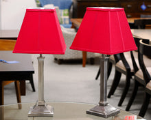 Set of Two Pewter Lamps With Red Shade