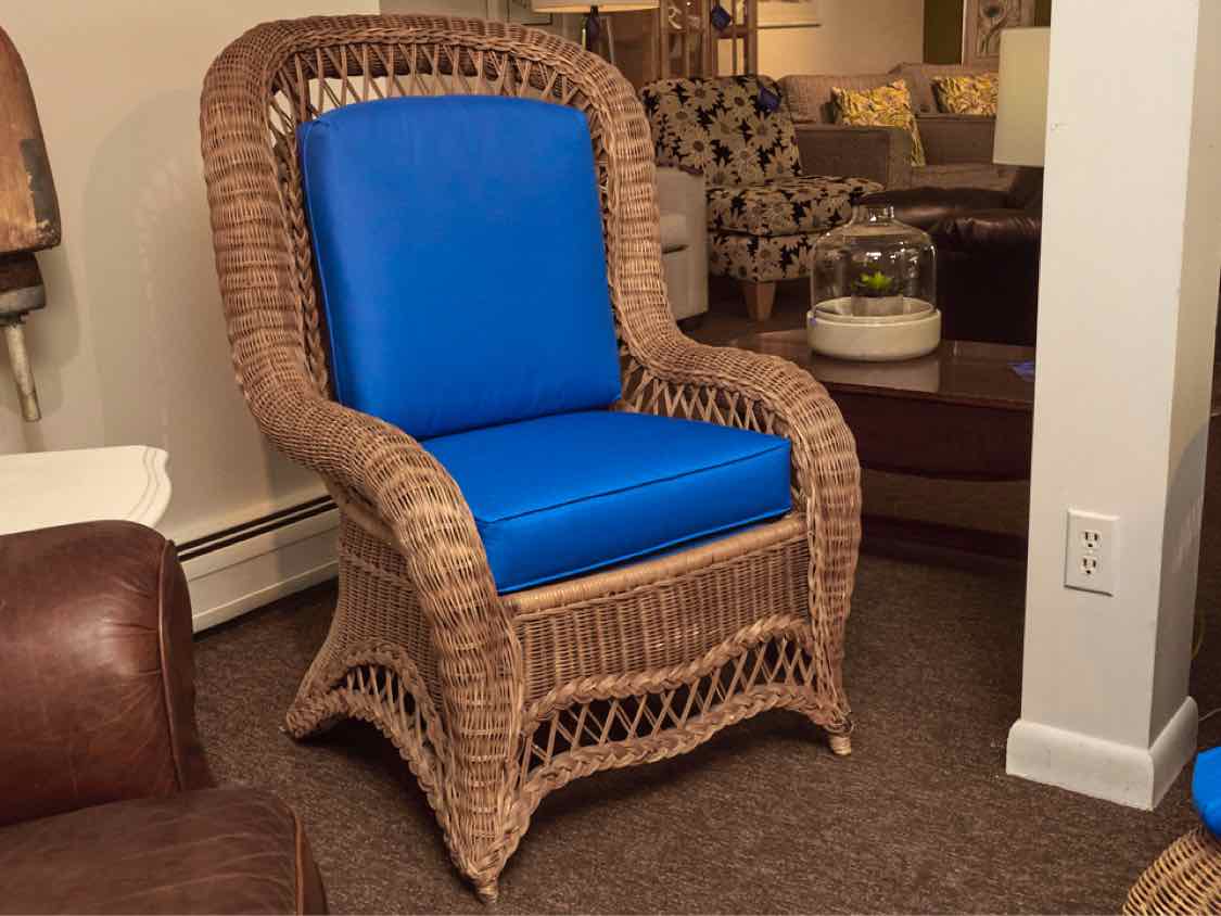Natural High Back Wicker Chair Custom Upholstered Cushion Includes Ottoman