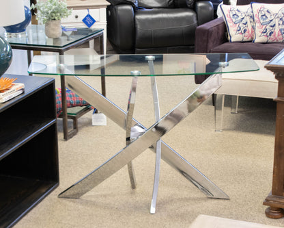 Contemporary Glass Top Bowfront Console on Chrome Angled Base