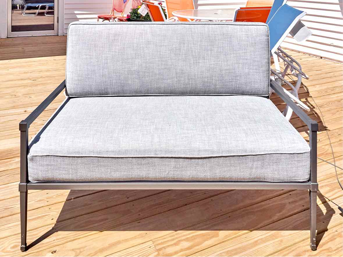 RH Gun Metal Gray Outdoor Lovesofa with Dove Grey Upholstered Cushions
