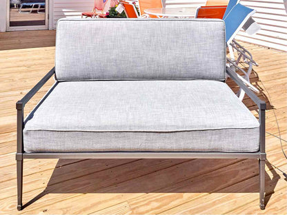 RH Gun Metal Gray Outdoor Lovesofa with Dove Grey Upholstered Cushions