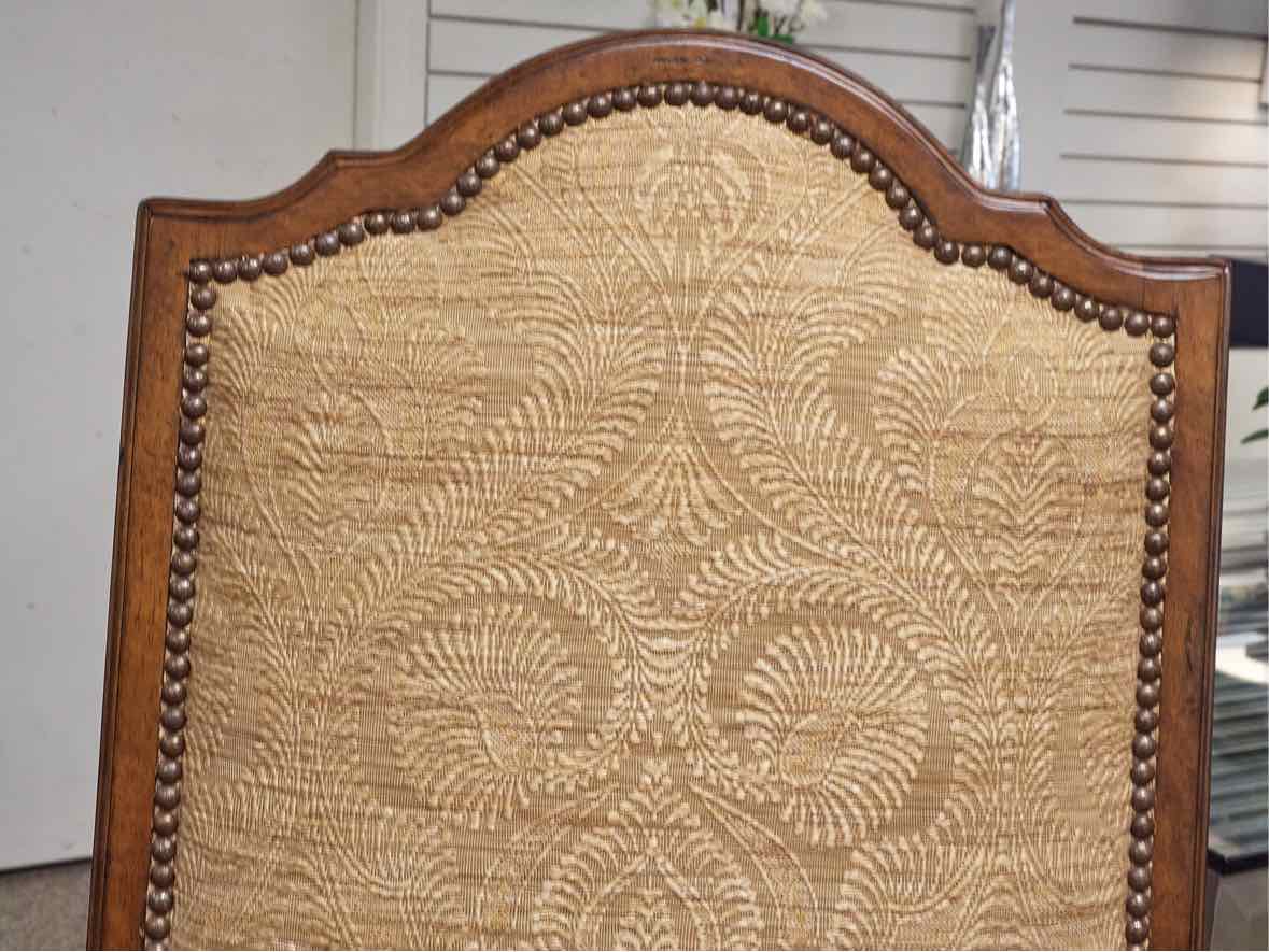Wood Paneled Dining Table & 8 Fabric Dining Chairs w/ Nail Head Trim
