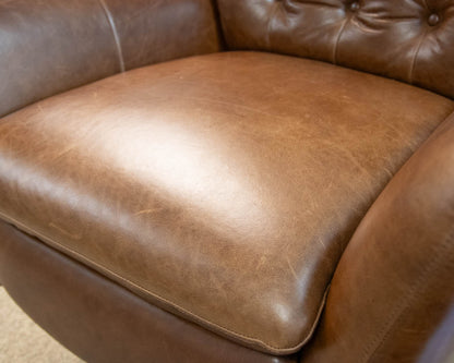 Pottery Barn Wells Tufted Swivel Recliner in Molasses Leather
