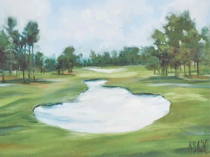 "Golf Course 2" Matted Print in Wavy Gold Frame