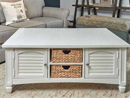 White Finish Plank Top 4 Door 2 Basket Shelf Cocktail Table