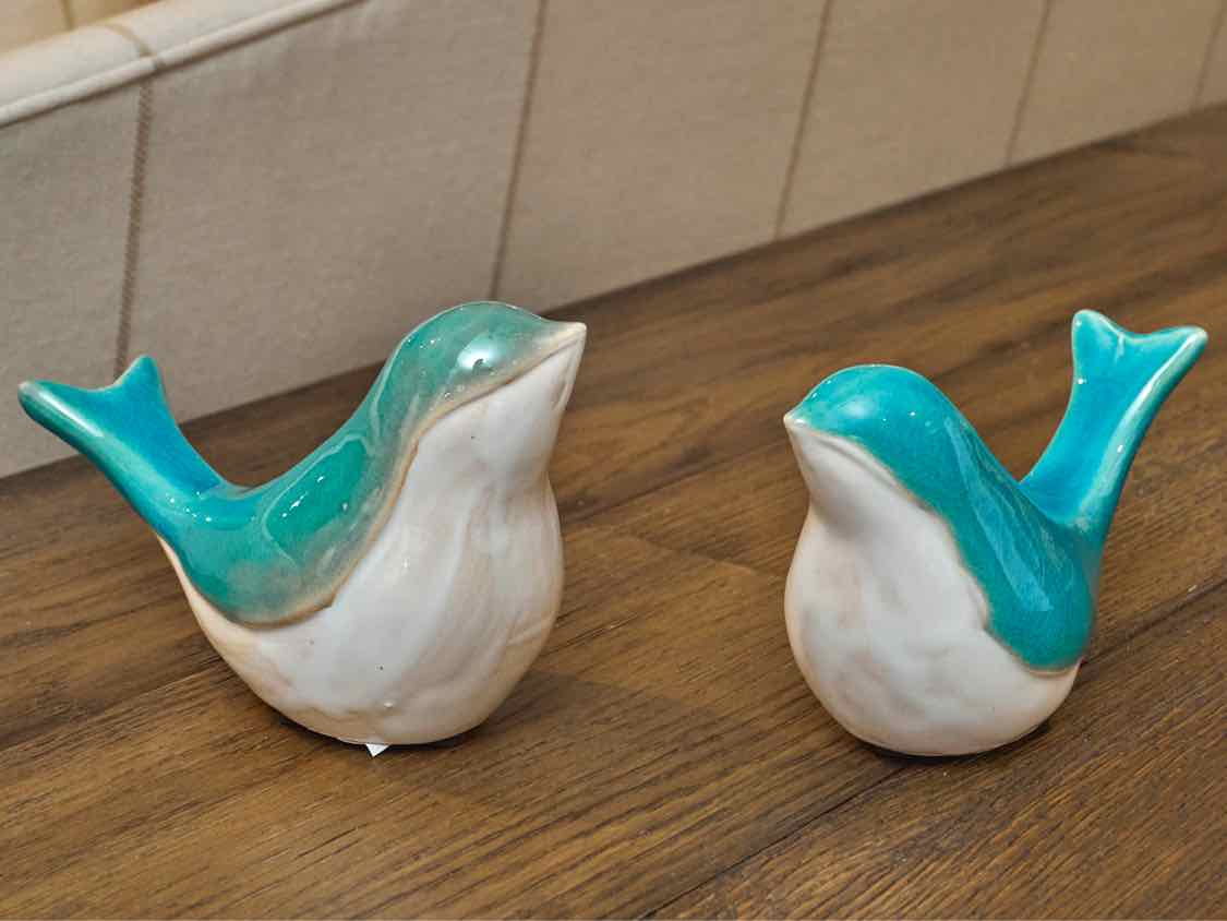 Pair Of Blue & White Ceramic 'Love Birds'