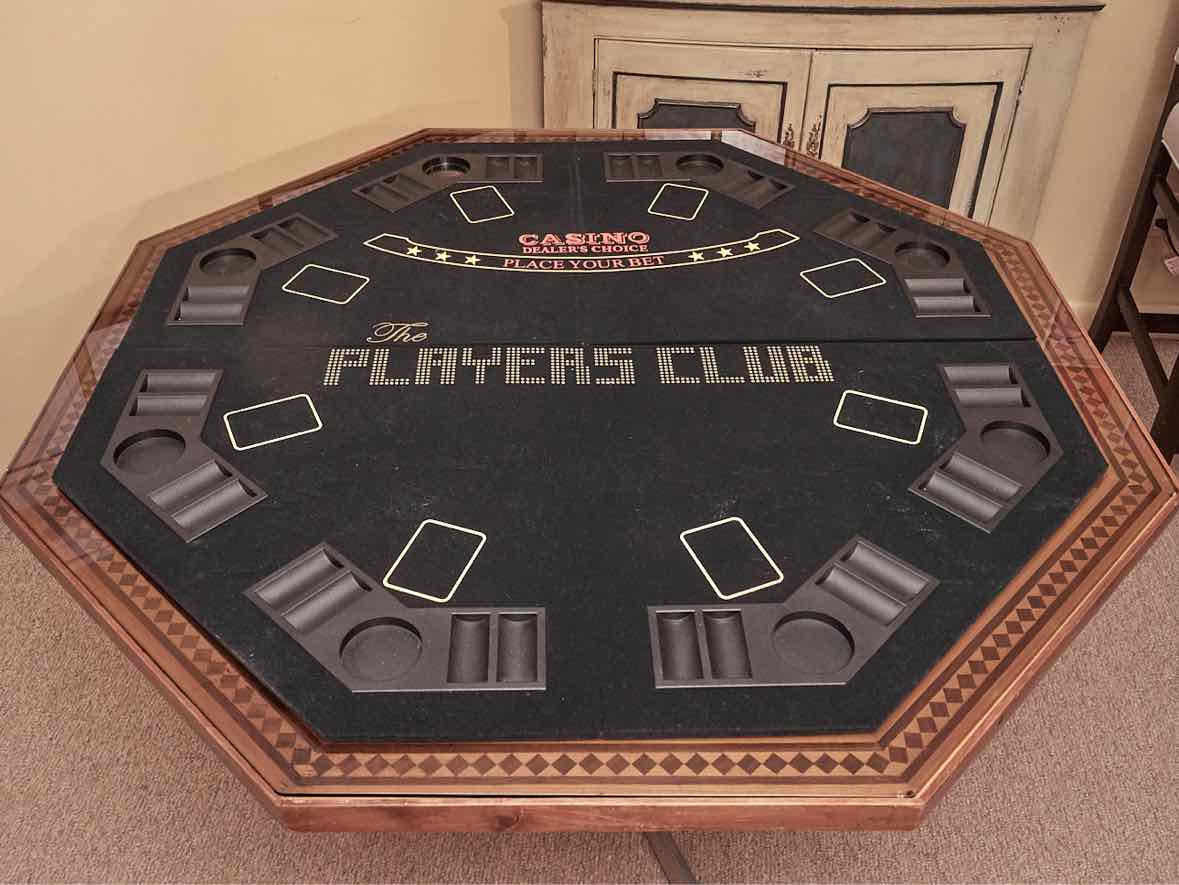 Peacan Inlaid Octagon Dining Table on Steel Pedestal Base