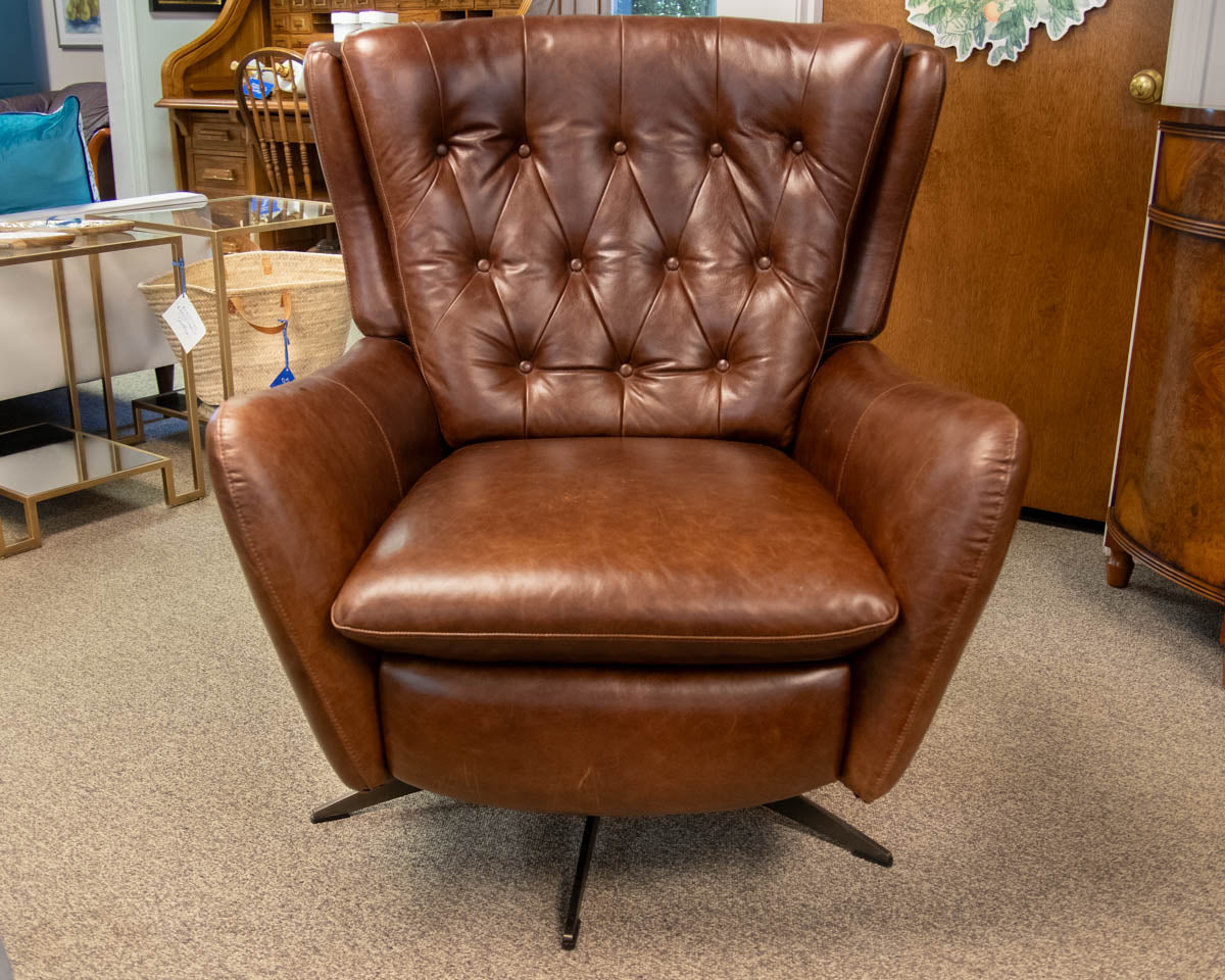 Pottery Barn Wells Tufted Swivel Recliner in Molasses Leather