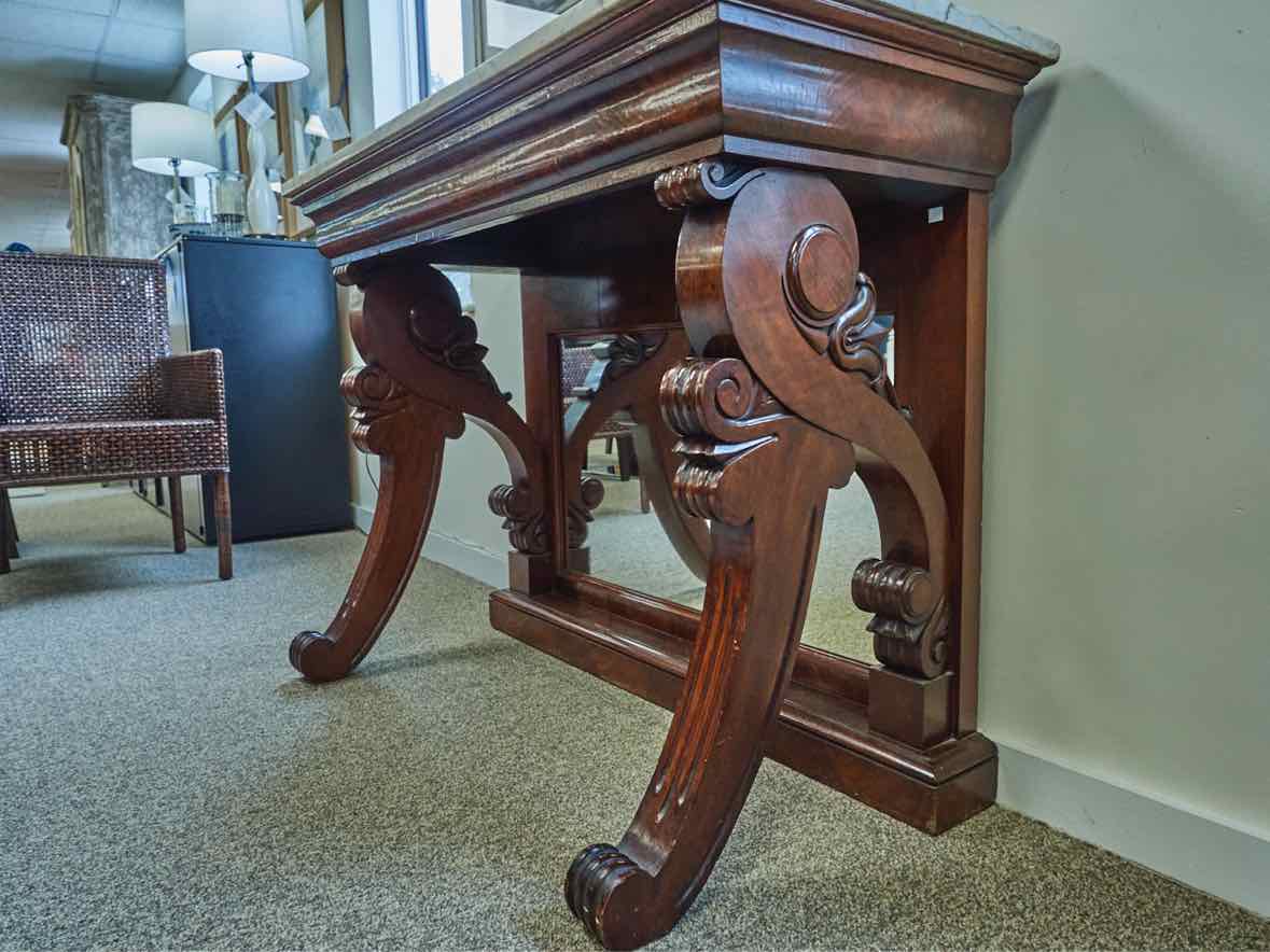 Carved Mahogany Console with White Marble Top and Mirrored Back