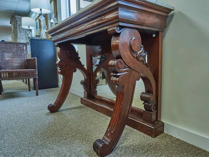 Carved Mahogany Console with White Marble Top and Mirrored Back