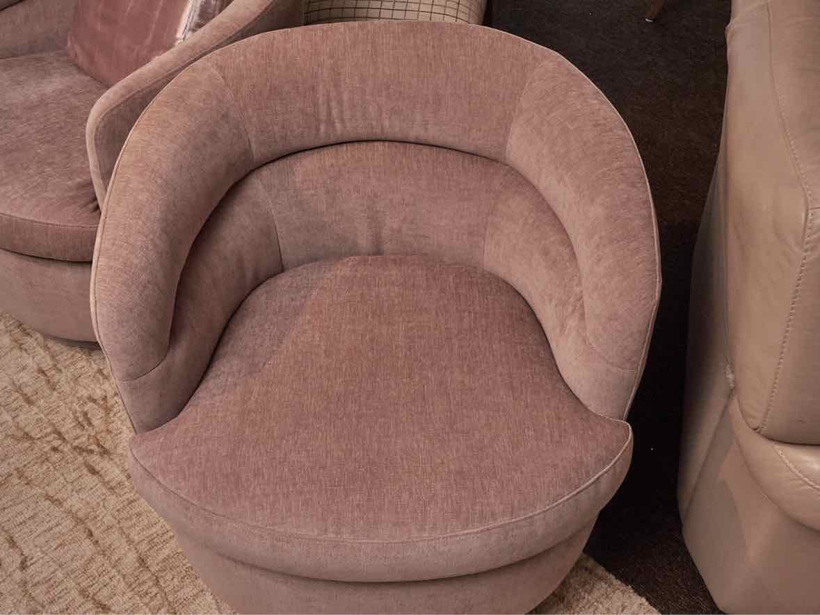 Pair of West Elm Milo Baughman Style 'Light Pink Shimmer' Swivel Modern Chairs