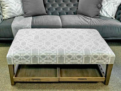 Arhaus Fletcher Upholstered Ottoman W/ Wooden Shelf & Matching Trays