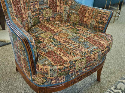Woodframe Wing Chair in Quilt Print Fabric with Carved Detail