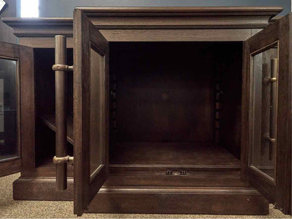 RH Brass Pull Bar Media Console w/Glass Doors & Dark Wood Finish