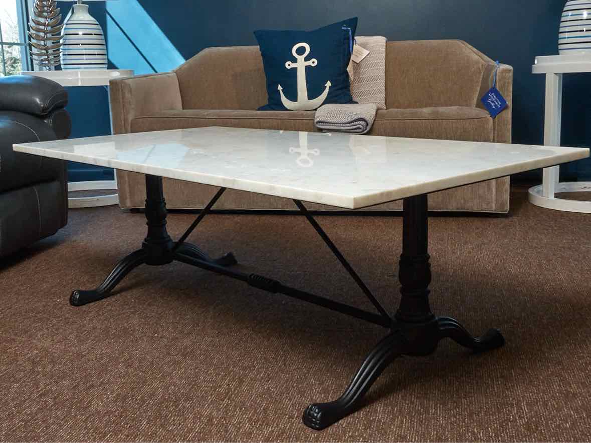 Pottery Barn White Marble Cocktail Table with Black Wrought Iron Base