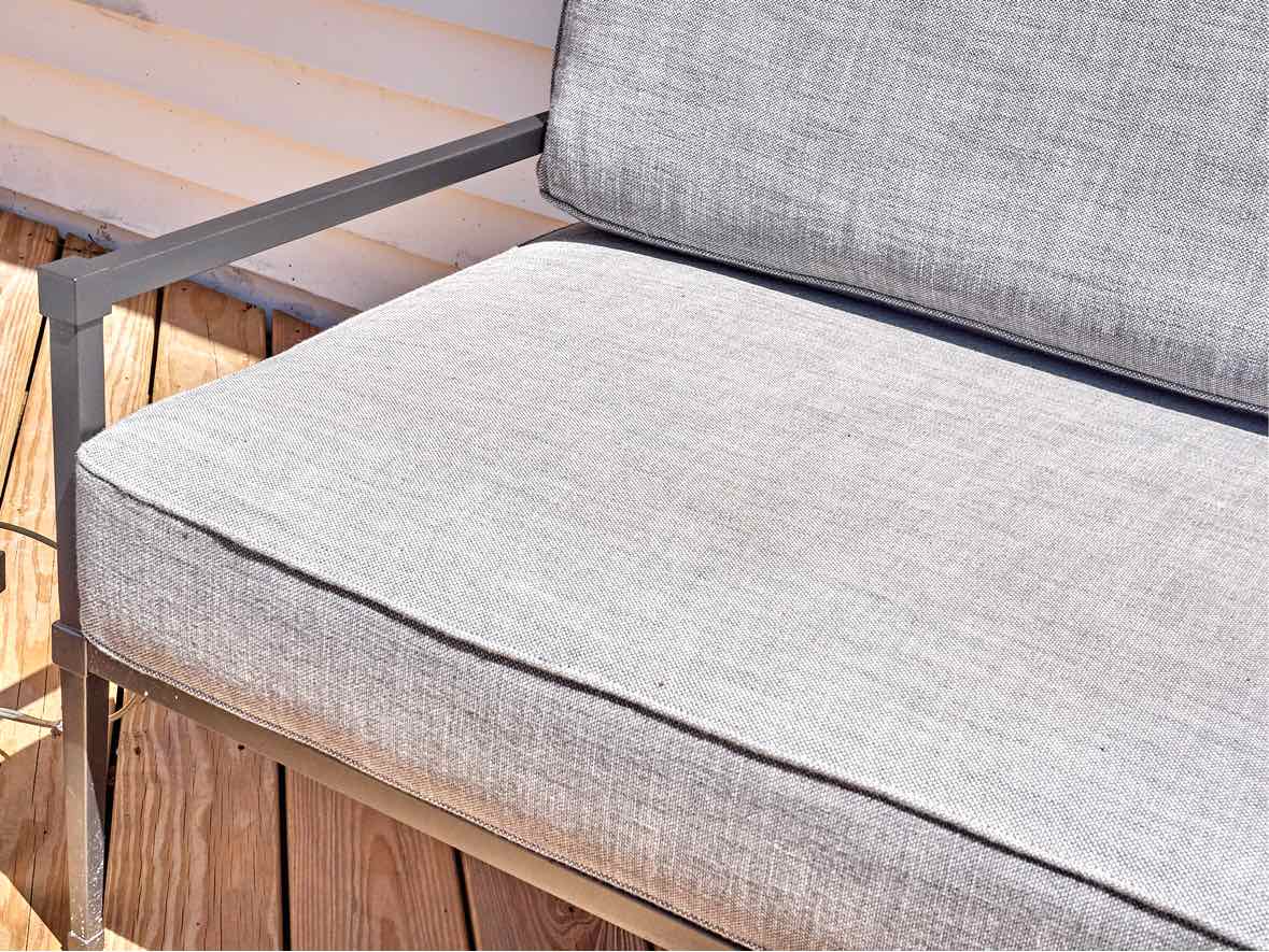 RH Gun Metal Grey Outdoor Sofa with Dove Grey Upholstered Cushions