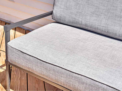 RH Gun Metal Grey Outdoor Sofa with Dove Grey Upholstered Cushions