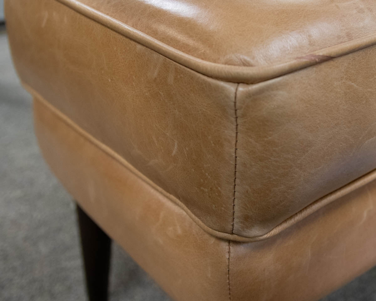 Button Tufted Bench in Chamois Color Leather on Dark Tapered Legs