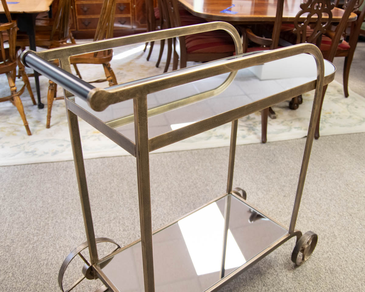 Wheeled Bar Cart in Brass Finish with Mirrored Top and Lower Shelf