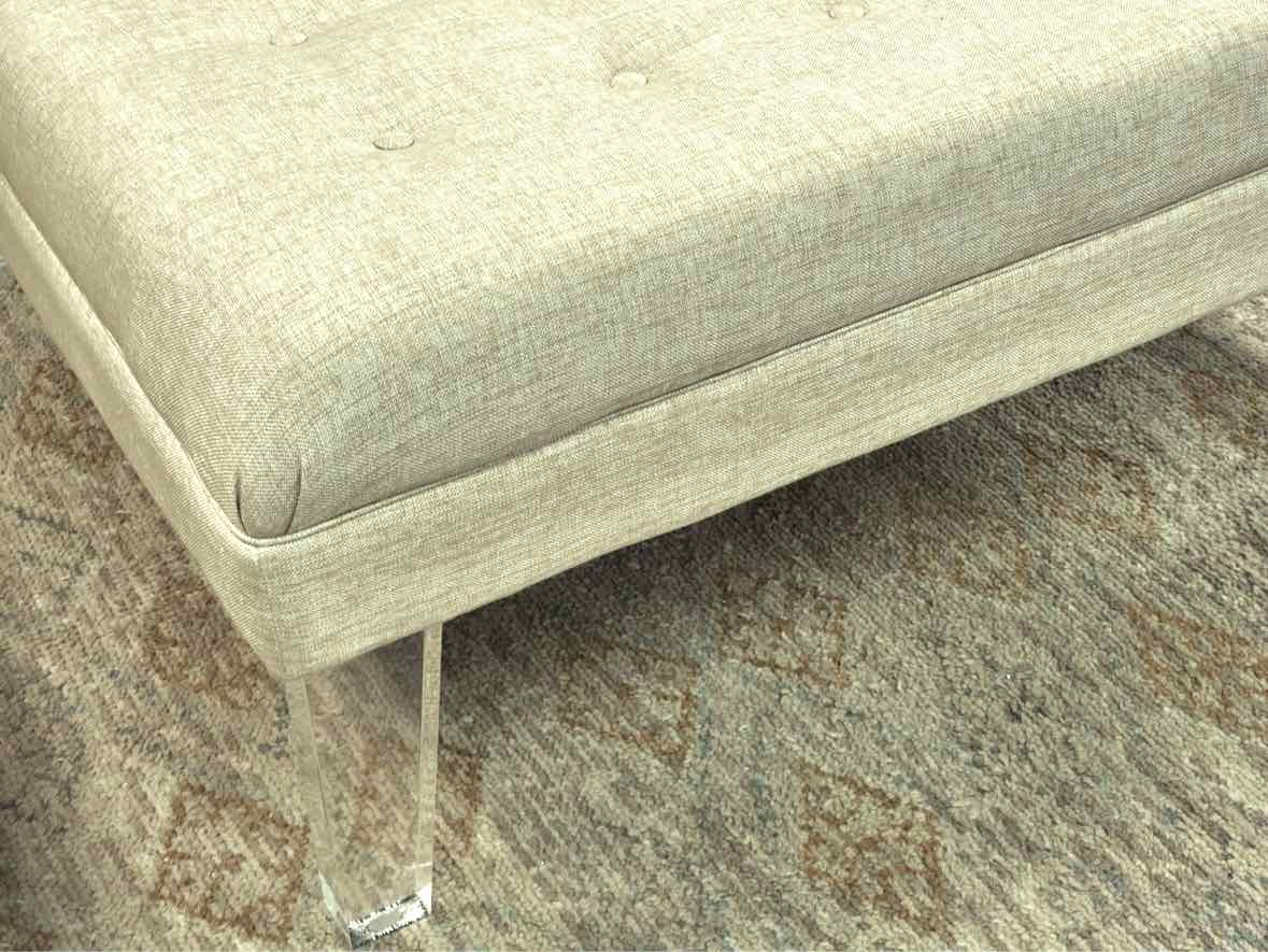 Gold & Ivory Button Square Ottoman with lucite Legs