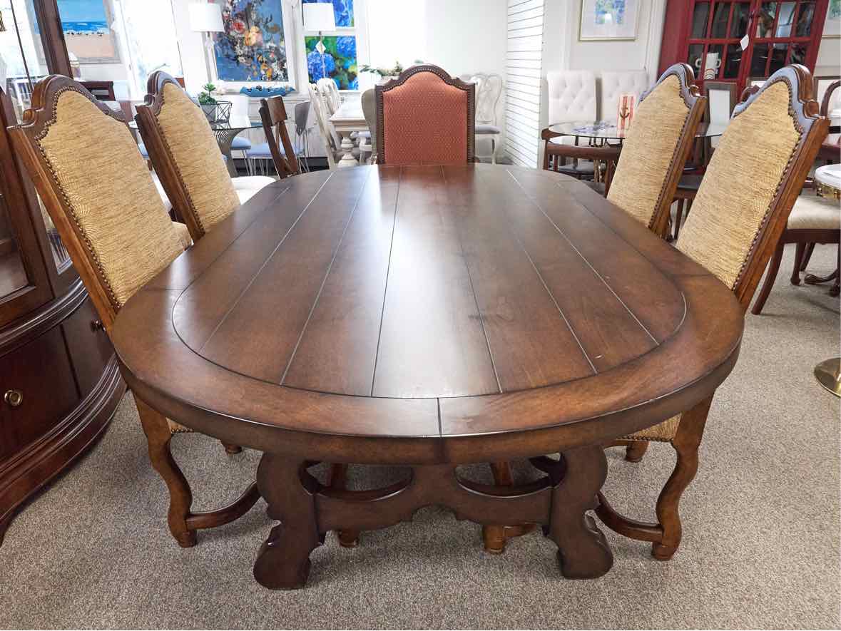 Wood Paneled Dining Table & 8 Fabric Dining Chairs w/ Nail Head Trim