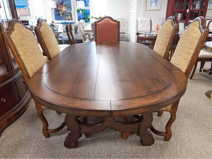 Wood Paneled Dining Table & 8 Fabric Dining Chairs w/ Nail Head Trim
