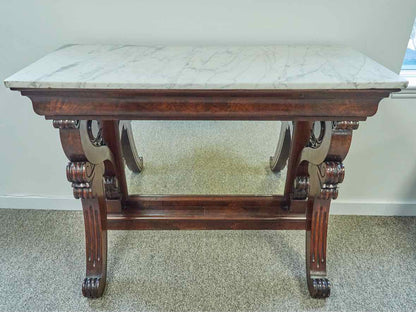 Carved Mahogany Console with White Marble Top and Mirrored Back