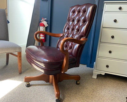 Tufted Burgundy Leather Office Chair with Gooseneck Arms