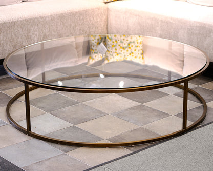 Round Glass Cocktail Table w/ Brass Metal Frame