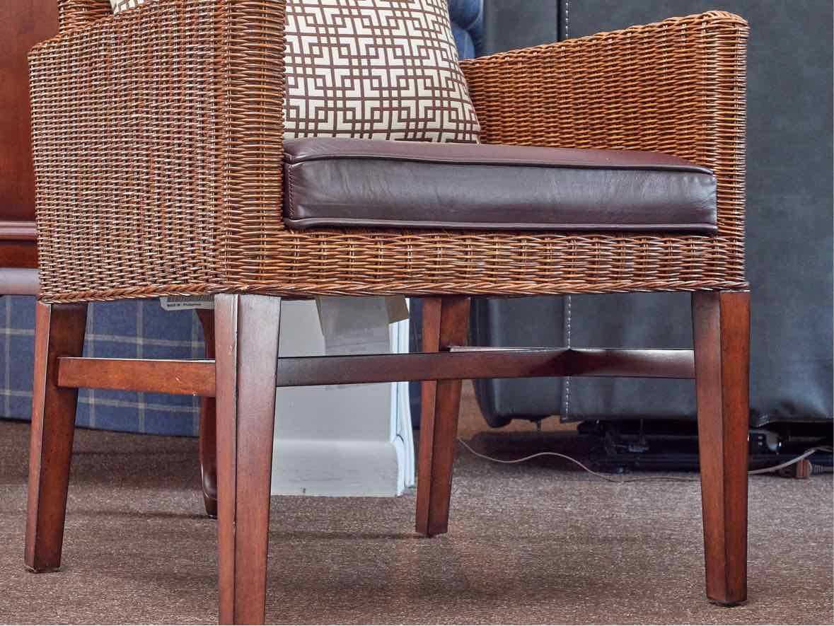 Pair of Ethan Allen' Shiloh' Wicker Arm Chairs with Bonded Leather Seat Cushion