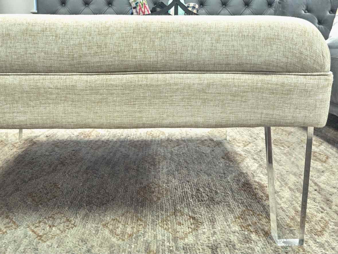 Gold & Ivory Button Square Ottoman with lucite Legs