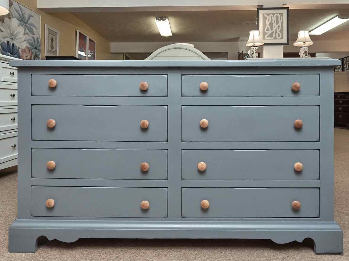 Colonial Blue Finish 8 Drawer Dresser with Natural Wood Knobs