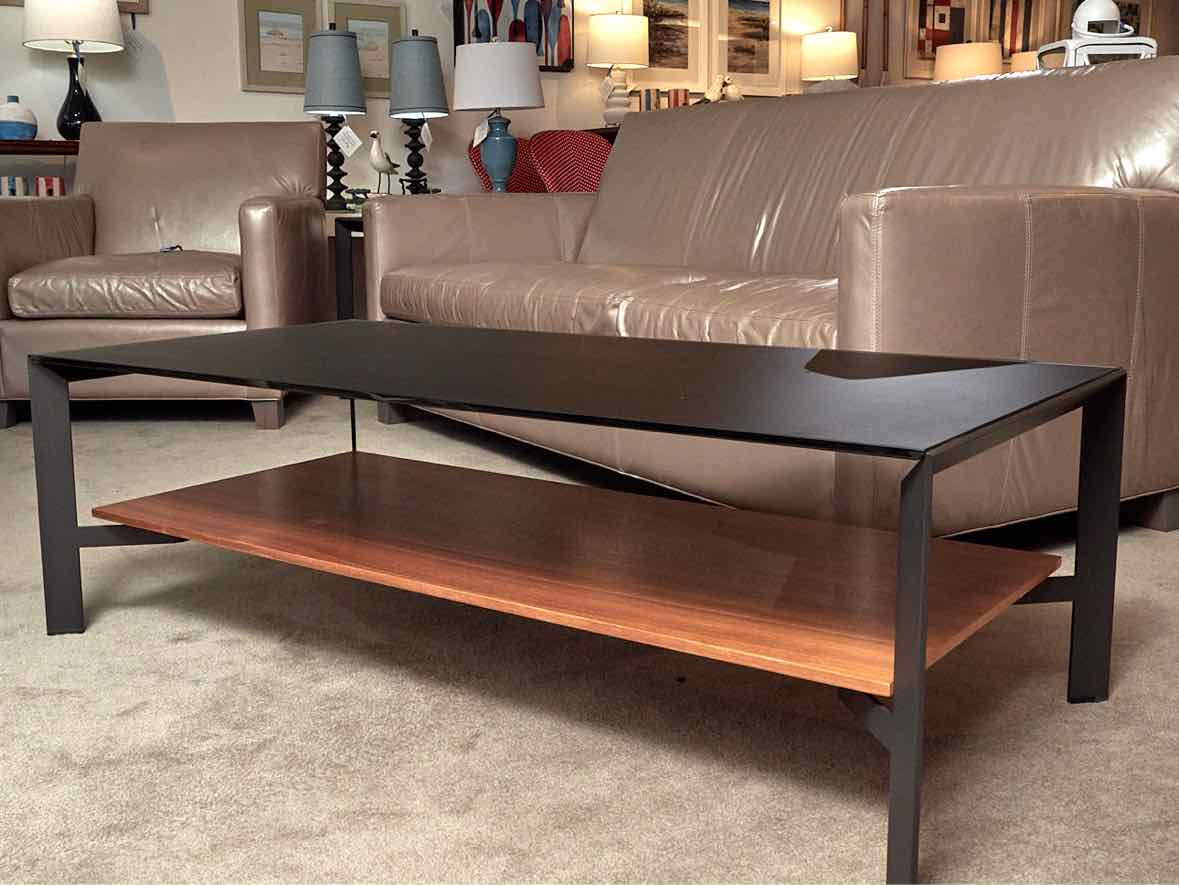 Circle Furniture  Metal & Glass Lower Wooden Shelf Cocktail Table
