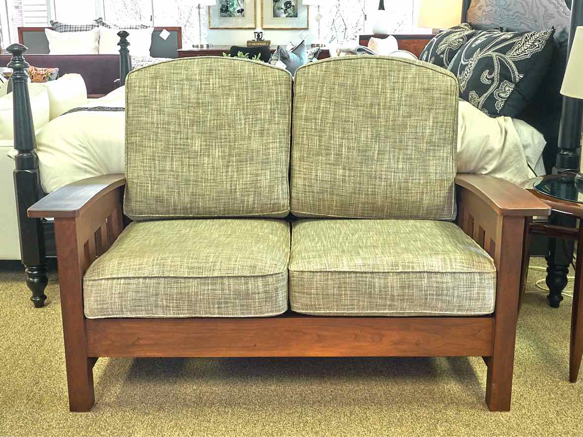 Pompanoosuc Mills Loveseat w/Dark Walnut Frame in Grey Toned  Upholstered Fabric