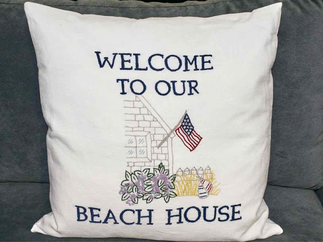 Welcome To Our Beach House Embroidered On White Linen Accent Pillow