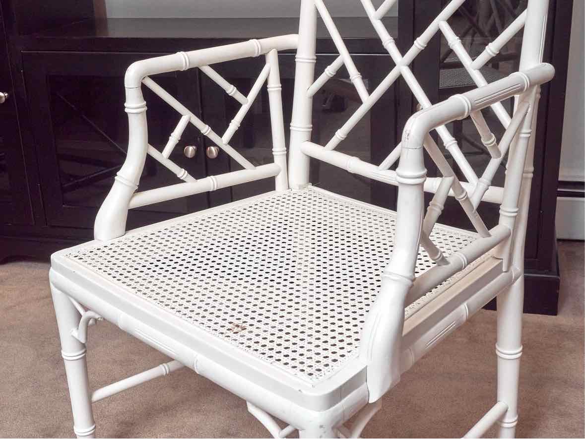 Bamboo & Cain Seat Arm Dining Chair in Arctic White Finish